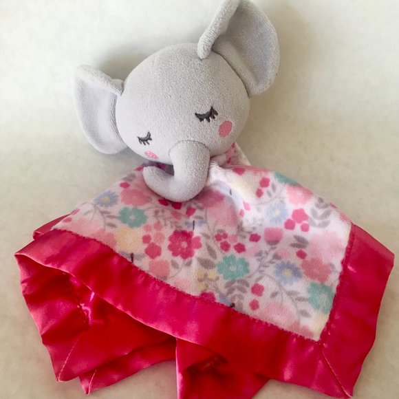 Parent's Choice: Baby Girl Elephant Pink/Gray Floral Satin Edge Security Blanket - Picture 5 of 7